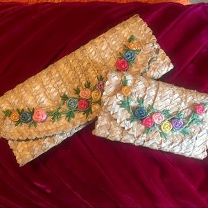 Vintage straw raffia flower pouches set